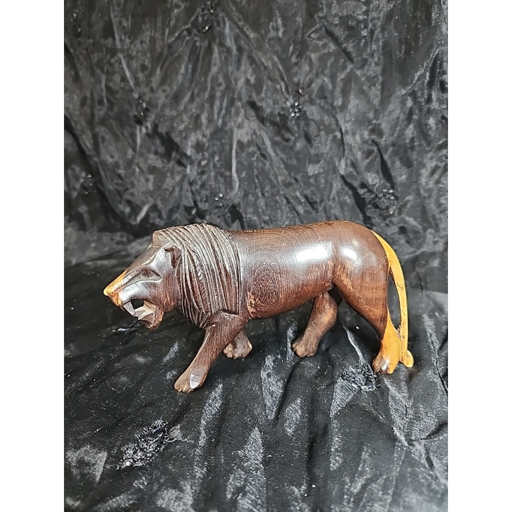 Vintage Hand Carved Wooden African Lion Sculpture